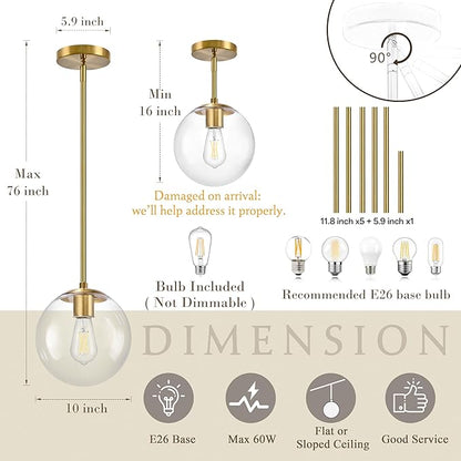 Bagood 10" Globe Pendant Light Gold 2 Pack Mid Century Pendant Light Globe Pendant Lights Kitchen Island Brushed Brass Finished with Clear Glass Adjustable Ceiling Light Fixtures for Dining Room Bar