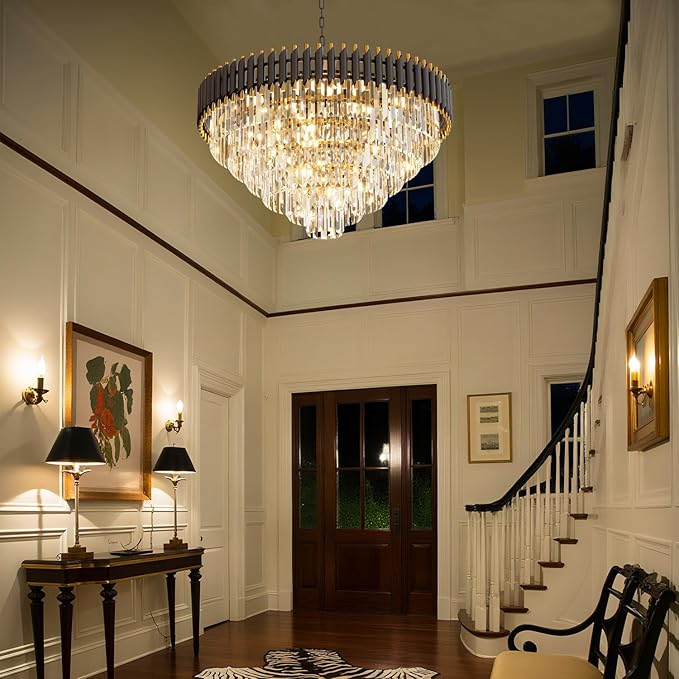 32 inch Black Gold Crystal Chandelier 6-Tier Modern Luxury Pendant Light Fixture for High Ceiling 13-Light Large K9 Crystal Lighting for Foyer Living Room Dining Room