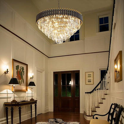 32 inch Black Gold Crystal Chandelier 6-Tier Modern Luxury Pendant Light Fixture for High Ceiling 13-Light Large K9 Crystal Lighting for Foyer Living Room Dining Room