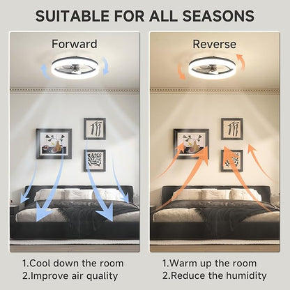 VOLISUN Low Profile Ceiling Fans with Lights and Remote, 19.7in Fandelier Ceiling Fan with Light, 3000K-6500K Dimmable Bladeless LED Fan Light, Black Flush Mount Ceiling Fans with Lights for Bedroom