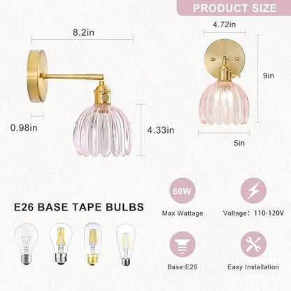 Hardwired Wall Sconce Light, Vintage Wall Sconce with Switch, Gold Wall Light Fixture with Tulip Pink Glass Lampshade, Indoor Wall Light for Bedroom Bathroom, Bedside Wall Lamp