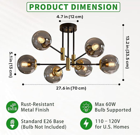 6-Light Sputnik Chandelier Modern Matte Black and Gold Ceiling Light, Glass Globe Hanging Light Fixture for Dining Room, Kitchen Island, Bedroom, Living Room