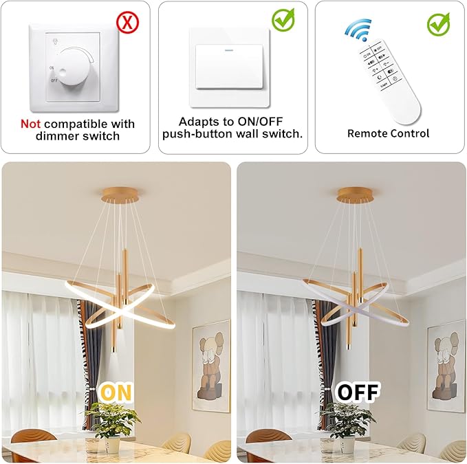 ORANOOR LED Gold Modern Chandeliers for Dining Room Bedrooms Living Room, Dimmable 24in 5250lm Kitchen Pendant Lamp Dining Room Light Fixtures Ceiling Hanging Over Table, 2 Ring Round Chandeliers