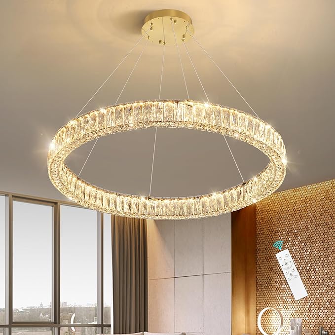 HAIXIANG Modern Crystal Chandelier Dimmable LED Ring Pendant Chandeliers Light Adjustable Glam Hanging Lighting Fixtures for Dining Room Living Room Bedroom Gold Light