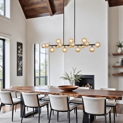 56 Inch Black Linear Chandeliers for Dining Room, Kitchen Island, Living Room, 16-Light Mid Century Modern Light Fixture Over Table, Large Amber Glass Globe Sputnik Bubble Chandelier