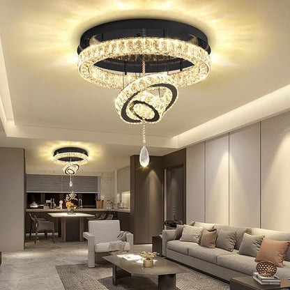 Flashing God Modern Crystal Chandelier Bedroom Chandeliers Flush Mount Ceiling Chandelier Light Fixture for Dining Room Entrance LED Dimmable Black Ring Chandeliers