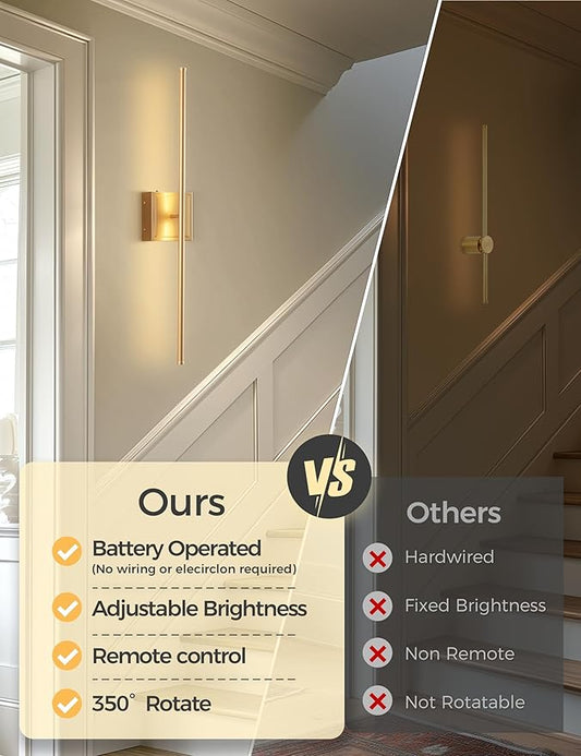 DORESshop Battery Operated Wall Sconces Set of 2, Dimmable Battery Wall Sconce with Remote Control, Gold 350°Rotate Rechargeable Sconces, 28.1 Inch Wireless Wall Lights for Bedroom, Living Room