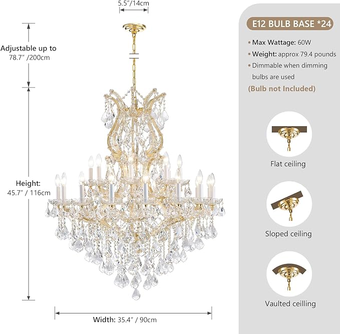 Gold Large Crystal Chandelier-24-Light Chandelier Light Fixture Modern Maria Theresa Crystal Chandeliers Light for Foyer, Entryway, Staircase,High Ceiling,Living Dining Room