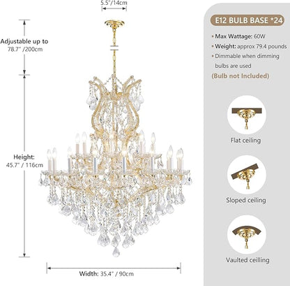 Gold Large Crystal Chandelier-24-Light Chandelier Light Fixture Modern Maria Theresa Crystal Chandeliers Light for Foyer, Entryway, Staircase,High Ceiling,Living Dining Room