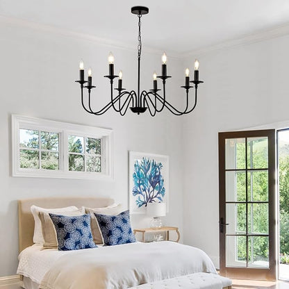 Black Farmhouse Chandeliers, 8 Light S-Arm Modern Candle Hanging Pendant Light, Industrial Rustic Metal Ceiling Kitchen Island Light for Living Room, Entryway, Foyer, Bedroom, Dining Room