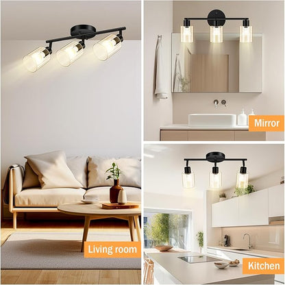 3 Light Led Track Lighting Kit, Glass Lightshade, Modern 3 Way Ceiling Spot for Kitchen, Dining Room, Bedroom, Hallway, Flexibly Rotatable Head, Black, GU10 Bulb Not Included