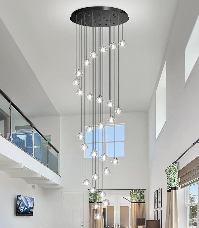 HAIXIANG 157 Inches Long Chandelier Bubble Crystal Balls Glam Chandeliers Dimmable Light High Ceiling Pendants Light Adjustable Large Size Lighting Fixtures Black