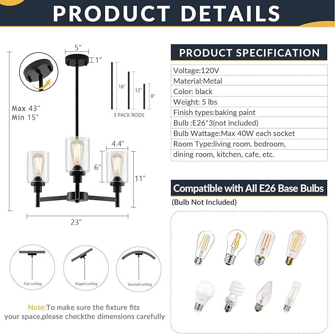 LIGHTDAMY 3 Lights Black Chandeliers for Dining Room Light Fixture Over Table, Entryway Chandelier for Foyer, Hallway Lighting Fixtures with Glass Shade for Dining Room Kitchen Island Foyer Hallway