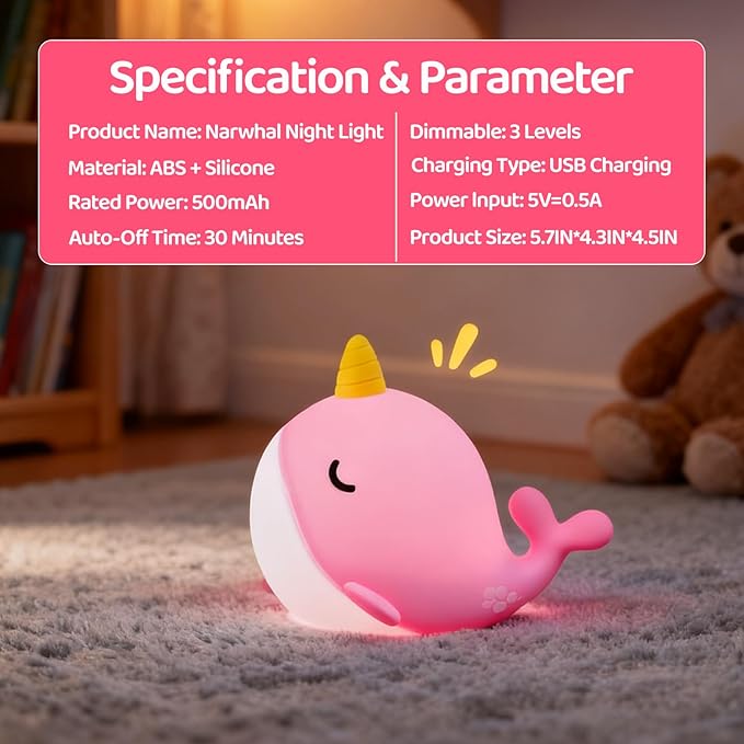 Narwhal Night Light for Kids, Portable Squishy Kawaii Lamp, USB Rechargeable Silicone LED Dimmable RGB Ocean Lamp with Timer, Birthday Cute Gifts for Boys Girls Bedroom/Nursery Decor