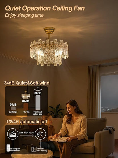 20" Gold Fandelier Ceiling Fan with Light,Gold Crystal Chandelier Ceiling Fans with Lights and Remote Control,Mid-Century Modern Caged with 6 Speeds for Living Room Bedroom Nursery
