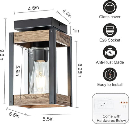 Mayful Farmhouse Flush Mount Ceiling Light, Rustic Ceiling Light Combine with Metal and Wood Frame, Clear Glass Ceiling Light Fixture for Kitchen Island Entryway Porch Foyer Dining Room