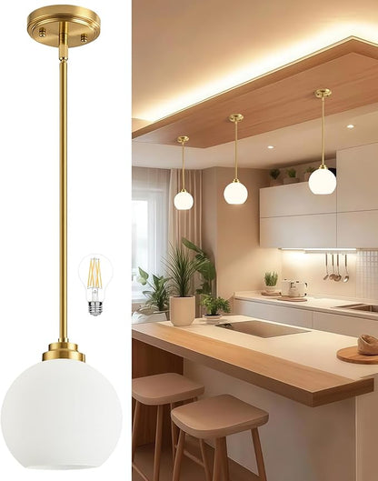 Majade Globe Pendant Lights Kitchen Island Pendant Light Fixtures 7.4 Inch Gold Mid Century Modern Brushed Brass Pendant Lighting with Milk Glass Adjustable Hanging Light Fixtures for Dining Room