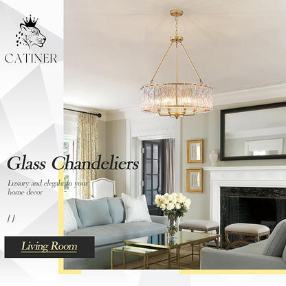 CATINER Gold Drum Chandelier 24.4" Modern Crystal Glass Chandeliers Luxury 8-Light Pendant Ceiling Chandelier Lighting for Dining Room Foyer Living Room Bedroom