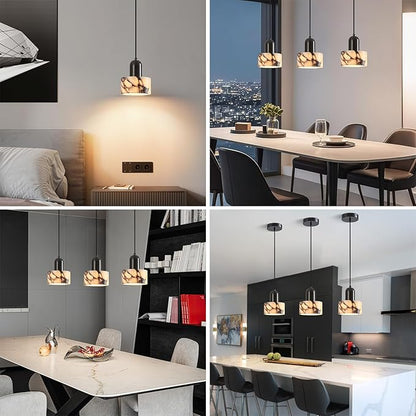 Natural Stone Pendant Lights Kitchen Island, Black Pendant Light Fixtures, Pendant lamp Marble Cylinder Shade Brass with Black Rubbed Gold Finish for Bedroom Bathroom Dining Room Living Room