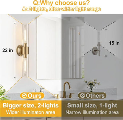 Wall Sconces Set of Two, Modern Bathroom Sconces Wall Lighting with & Clear Glass Glass, Brass Sconces Wall Decor Set of 2 for Bathroom Mirror Bedroom Living Room Hallway