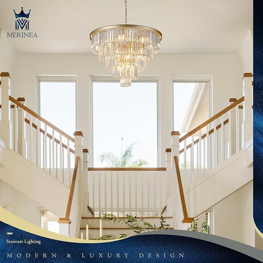Large Crystal Chandelier Modern Gold 30" 16 Lights Round Chandeliers 5 Tiers Luxury K9 Crystal Ceiling Pendant Light Fixture for Foyer Staircase Living Room Dining Room