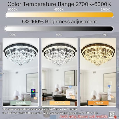 Dia 32" Modern Crystal Chandeliers for Dining Room,Black Raindrop Chandelier Flush Mount Chandeliers for Living Room Bedrooms Dining Room Dimmable 2700k 4500k 6000k