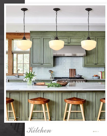 Schoolhouse Pendant Fixture, 12 Inch Black Finish with Milk Glass Adjustable Mid Century Ceiling Pendant Lighting, Pendant Light Fixtures for Kitchen Hallway Entrywa Dining Room…
