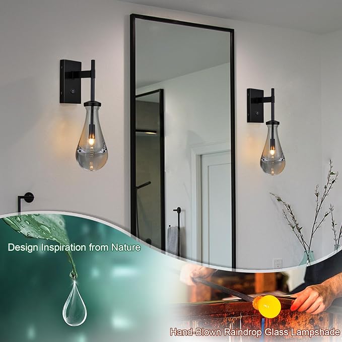 HuisMier Black Wall Sconces, Raindrop Sconces Wall Lighting with On/Off Switch Button, Modern Clear Glass Vanity Light Fixtures Raindrop Wall Sconce for Bathroom Bedroom Living Room Hallway