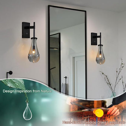 HuisMier Black Wall Sconces, Raindrop Sconces Wall Lighting with On/Off Switch Button, Modern Clear Glass Vanity Light Fixtures Raindrop Wall Sconce for Bathroom Bedroom Living Room Hallway