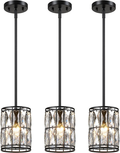 Modern Crystal Pendant Light Fixture 3-Pack Matte Black Finish Hanging Lighting Crystal Chandelier for Living Room, Kitchen, Hallway