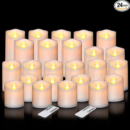 Flameless Candles 4" 5" 6" Outdoor Indoor Pillars Battery Operated Flickering Candles Include 8-Key Remote Timer 400+ Hours by 2 AA Batteries (White Candle - Warm light, 3"D x 4"|5"|6" H - 24 Pack)