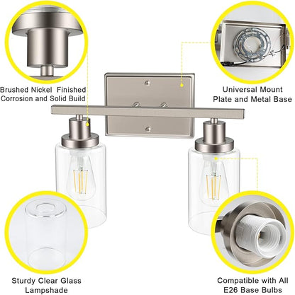 Ascher 2-Light Wall Sconces, Modern Vanity Light Fixture with Clear Glass Shade, Brushed Nickel Wall Light for Mirror Bedroom Hallway, E26 Base (Bulbs Not Included)