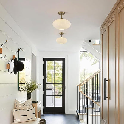 Mid Century Modern Brass Semi Flush Mount Ceiling Light Small Ribbed Milk Glass Flush Mount Ceiling Light Gold and White Flush Mount Light Vintage Hallway Lighting Fixtures
