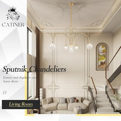 Gold Sputnik Chandelier,6 Lights Large Modern Chandelier L40”Mid Century Long Ceiling Pendant Light Fixtures for Dining Room with Clear Glass Globe Shades for High Ceiling Foyer Living Room