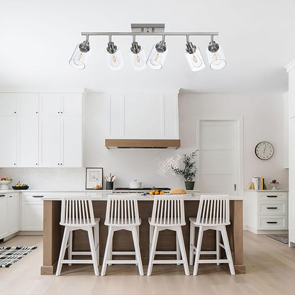 6 Light Track Lighting Kit Brushed Nickel Kitchen Track Lighting Fixtures Ceiling Mount Bathroom Vanity Wall Scones Light Fixture with Clear Glass, Rotatable Spotlight for Kitchen Shop Hallway