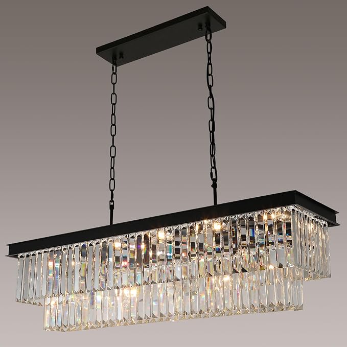 Weesalife Crystal Chandeliers for Dining Room Light Fixtures Over Table，15-Lights Black Modern Rectangle Chandeliers for Kitchen Island Bar L40 Inch