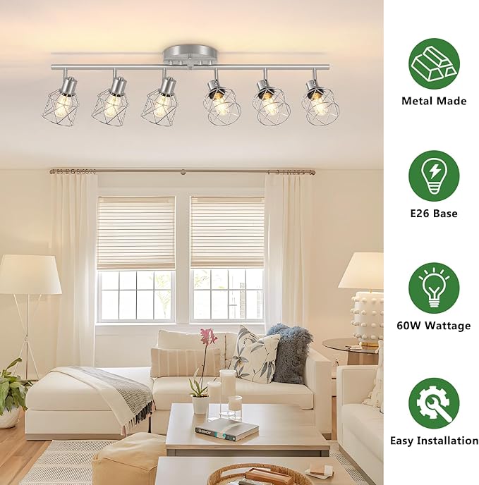 Baocuz 6-Light Brushed Nickel Multi-Directional Semi Flush Mount Ceiling Light, Kitchen Light Fixtures Ceiling Mount, Modern Metal Cage Close to Ceiling Lamp for Dining Room Hallway Entryway