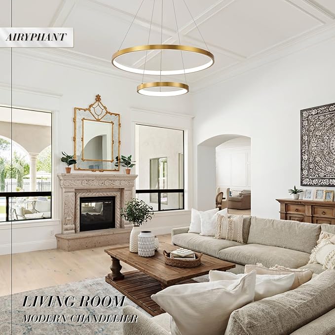 Gold LED Ring Chandeliers Modern 2-Ring Chandelier Dimmable Flush Mount Pendant Light Fixture Remote Control Contemporary Pendant Chandelier for Dining Room Bedroom Foyer (23.6"+11.8")