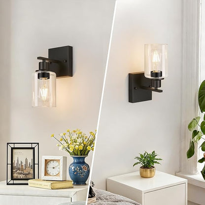 Indoi Set of 2 Wall Sconces for Bathroom, Matte Black Modern Vanity Lights with Clear Glass Shade, Bathroom Wall Lamp for Mirror Kitchen Living Room Hallway Cabinet Porch