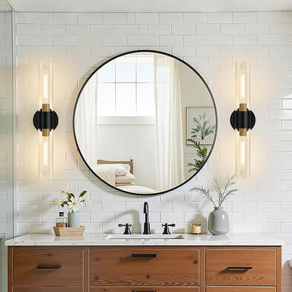 Wall Sconces Set of Two, Modern Bathroom Sconces Wall Lighting with & Clear Glass Glass, Black and Gold Sconces Wall Decor Set of 2 for Bathroom Mirror Bedroom Living Room Hallway