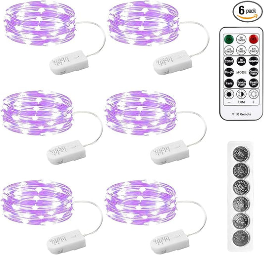 6PCS Purple Fairy Lights Battery Powered with Timer, 7ft 20LEDs Twinkle Mini Lights with Remote,Waterproof Small Silver Wire Firefly Starry for DIY Wedding Party Christmas