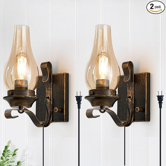 Yisuro Wall Sconces Sets of 2, Oil Rubbed Bronze Plug in Wall Sconce,Retro Rustic Wall Lamps,Sconces Wall Lighting with Amber Glass,Indoor Vintage Bedside Wall Lighting for Living Room Bathroom
