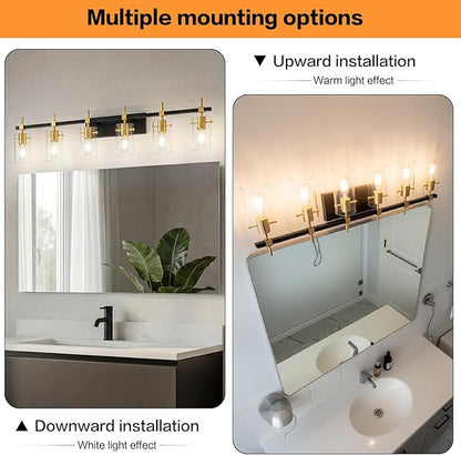 SOLFART 49.2 inch Vanity Light fixtures Vintage 6 Lights Wall Light Fixtures Above Mirror for Bathroom Brass and Black with Clear Glass Shade (Exclude Bulb)