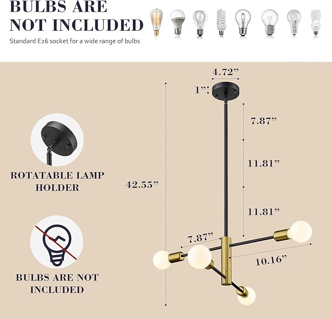 Modern Sputnik Chandelier Adjustable 4-Light Industrial Ceiling Light Fixture Mid Century Semi Flush Mount Ceiling Light Fixture Farmhouse Pendant Lighting for Dining Room Bedroom Gold