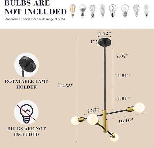 Modern Sputnik Chandelier Adjustable 4-Light Industrial Ceiling Light Fixture Mid Century Semi Flush Mount Ceiling Light Fixture Farmhouse Pendant Lighting for Dining Room Bedroom Gold