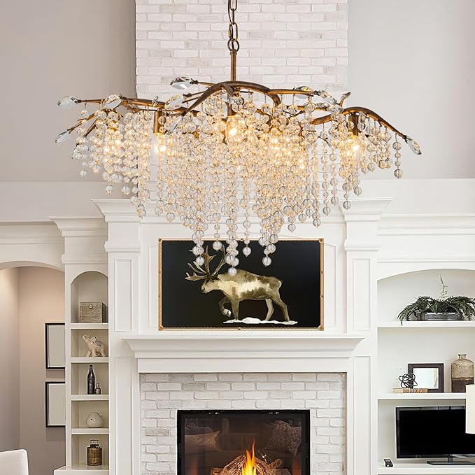 Vezzio Tree Branch Chandelier for Dining Room, 8-Light Bronze Farmhouse Crystal Light Fixture, 35" Adjustable Rustic Pendant Light for Kitchen Island Living Room Entryway Foyer