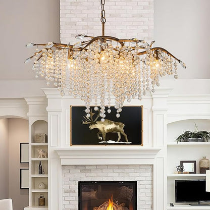 Vezzio Tree Branch Chandelier for Dining Room, 8-Light Bronze Farmhouse Crystal Light Fixture, 35" Adjustable Rustic Pendant Light for Kitchen Island Living Room Entryway Foyer