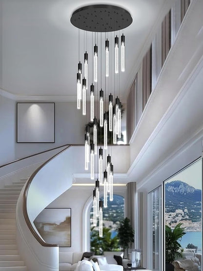 Flashing God Black 28 Lights Large Foyer Chandeliers for High Ceilings 12 feet Long Spiral Stair Pendant Chandelier Crystal Ceiling Light Fixtures Dimmable 2700k-4500k-6000k