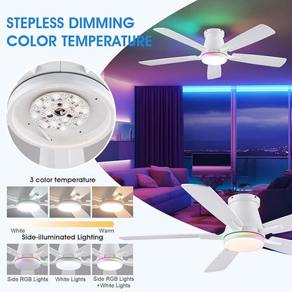 Surtime 52" Ceiling Fans with RGB Lights-Low Profile Ceiling Fan with Light and Remote/APP Control,Flush Mount,DC Reversible,LED Dimmable Ceiling Fans for Bedroom,Indoor/Outdoor Patio Use(White)