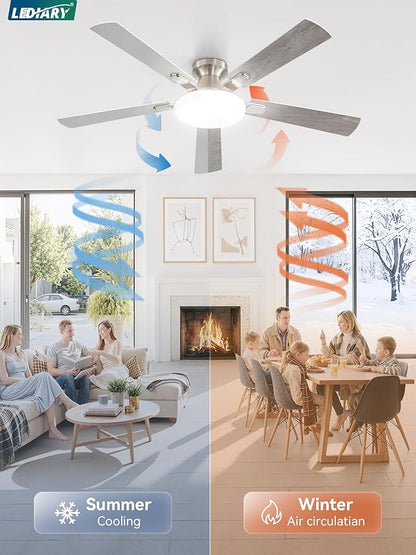 52 Inch Ceiling Fan with Lights and Remote, 30W 12" LED Panel Flush Mount Ceiling Fan, 6-Speed Quiet DC Motor Modern Low Profile Ceiling Fan with Reversible Blades for Bedroom, Living Room, Patio